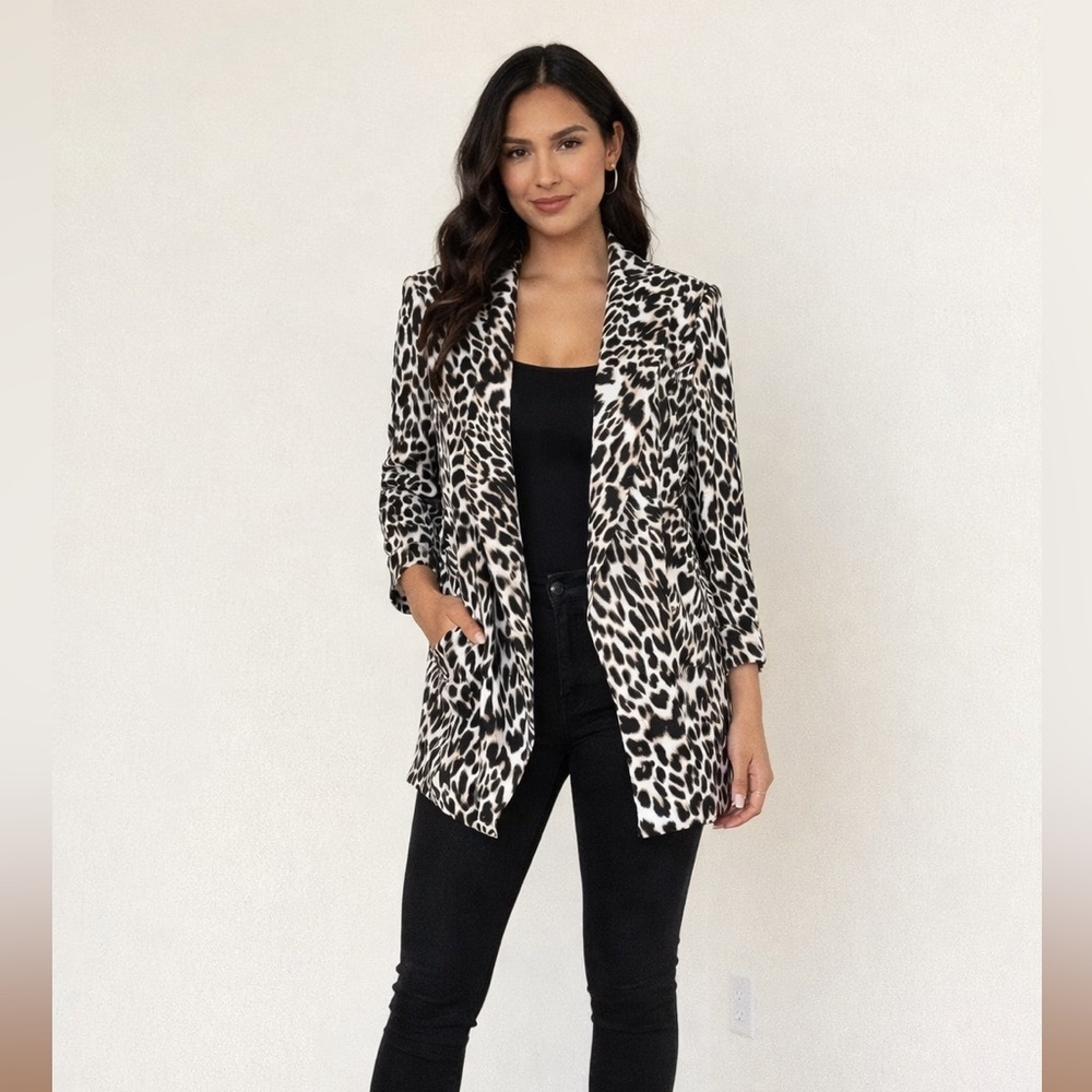 Calvin Klein Leopard Print Open-Front Ruffle Cardigan Blazer | Women’s L | NWOT